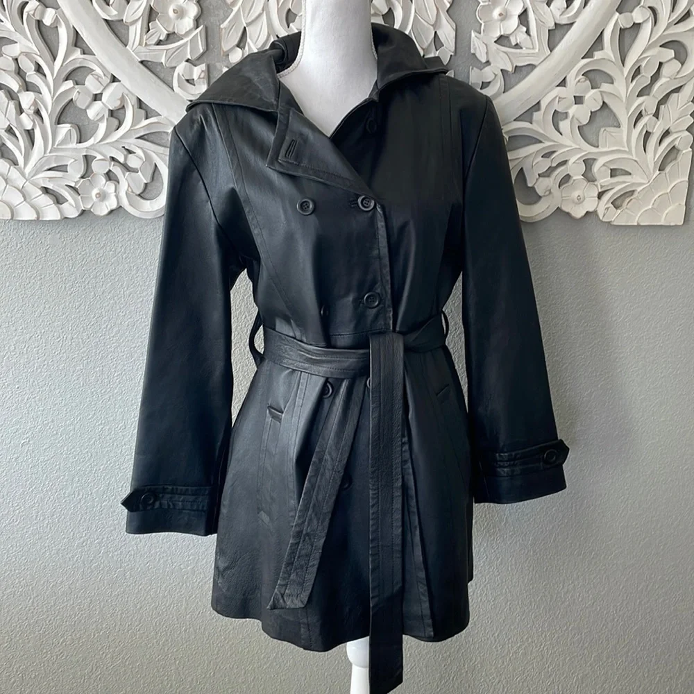 Black Leather Trench Coat with Belt - Picture 1 of 4